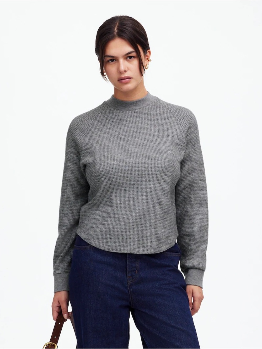 Madewell Grey Waffle Knit Mockneck Thermal Sweatshirt Long Sleeve Top Cropped